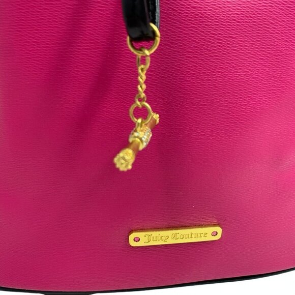 Juicy Couture Hot Pink & Black Drawstring Backpack Faux Patent Leather 12\